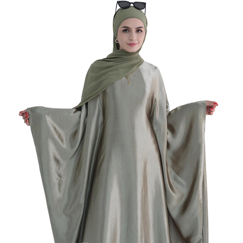 khalat Abaya Muslim Dress Women Satin Prayer Dress Batwing Long Sleeve Middle East Arabian Robe with Hijab Olive Green - Image 4