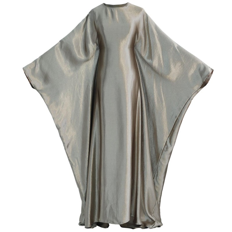 khalat Abaya Muslim Dress Women Satin Prayer Dress Batwing Long Sleeve Middle East Arabian Robe with Hijab Olive Green - Image 5