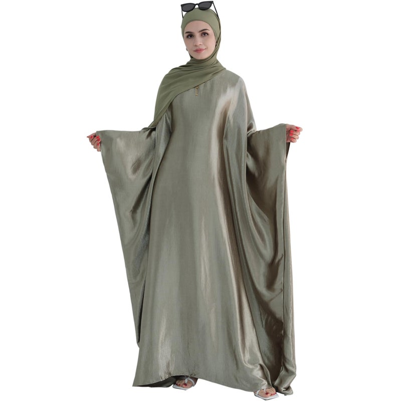 khalat Abaya Muslim Dress Women Satin Prayer Dress Batwing Long Sleeve Middle East Arabian Robe with Hijab Olive Green - Image 1
