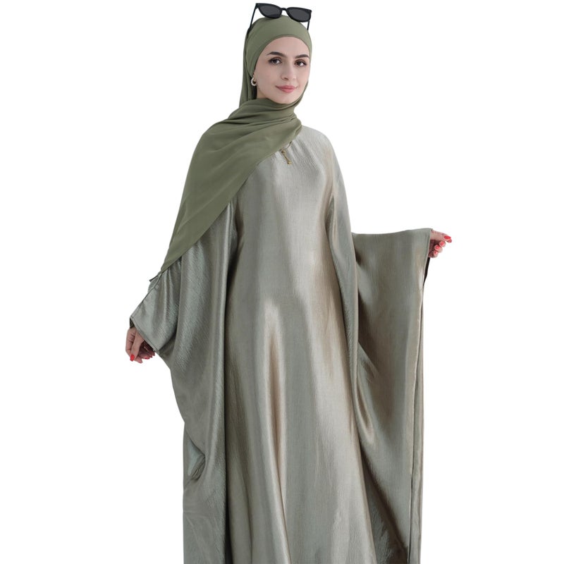 khalat Abaya Muslim Dress Women Satin Prayer Dress Batwing Long Sleeve Middle East Arabian Robe with Hijab Olive Green - Image 2