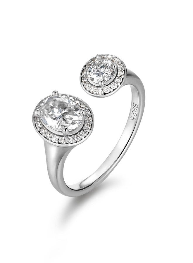 FWM Womens Two Stone Rings Moissanite Promise Open Ring 925 Silver Adjustable Simple Oval Wedding Ring Size 6 - Image 1
