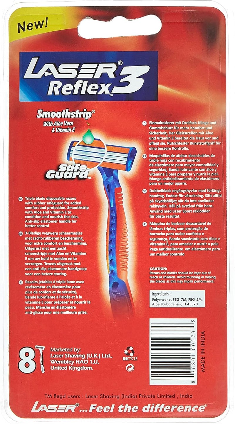 LASER شفرات حلاقة ليزر ريفليكس 3 ثلاثية الشفرات القابلة للاستخدام مرة واحدة - 8 قطع مع الألوة فيرا وفيتامين E - Image 2