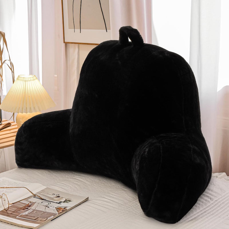 A Nice Night Faux Fur Reading Pillow Bed Wedge Large Adult Children Backrest with Arms Back Support for Sitting Up in Bed/Couch for Bedrest,Black,Large - Image 1