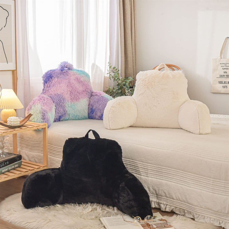 A Nice Night Faux Fur Reading Pillow Bed Wedge Large Adult Children Backrest with Arms Back Support for Sitting Up in Bed/Couch for Bedrest,Black,Large - Image 4