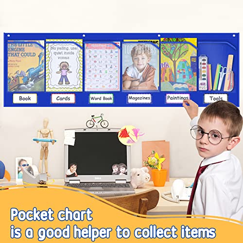 AKAYOK Classroom Pocket Chart with 6 Clear Pockets - 57x18 Wall Organizer for Teachers, Homeschool & Office | Fits 8.5x11 Papers, Posters, Artwork Display (Blue-6 Pockets) - Image 4