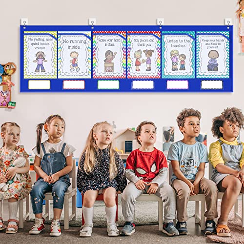 AKAYOK Classroom Pocket Chart with 6 Clear Pockets - 57x18 Wall Organizer for Teachers, Homeschool & Office | Fits 8.5x11 Papers, Posters, Artwork Display (Blue-6 Pockets) - Image 2