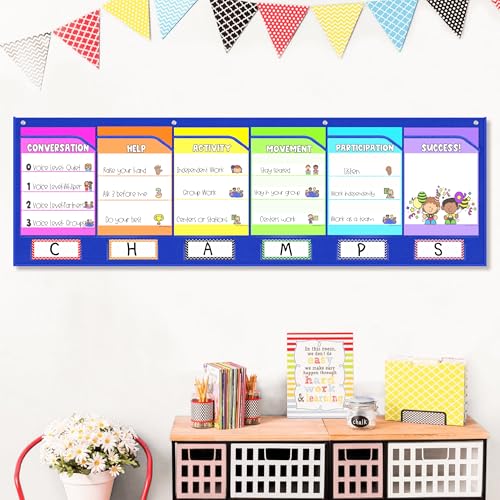 AKAYOK Classroom Pocket Chart with 6 Clear Pockets - 57x18 Wall Organizer for Teachers, Homeschool & Office | Fits 8.5x11 Papers, Posters, Artwork Display (Blue-6 Pockets) - Image 1