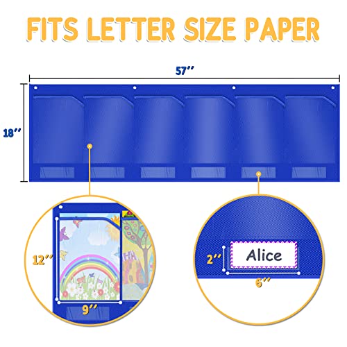 AKAYOK Classroom Pocket Chart with 6 Clear Pockets - 57x18 Wall Organizer for Teachers, Homeschool & Office | Fits 8.5x11 Papers, Posters, Artwork Display (Blue-6 Pockets) - Image 5