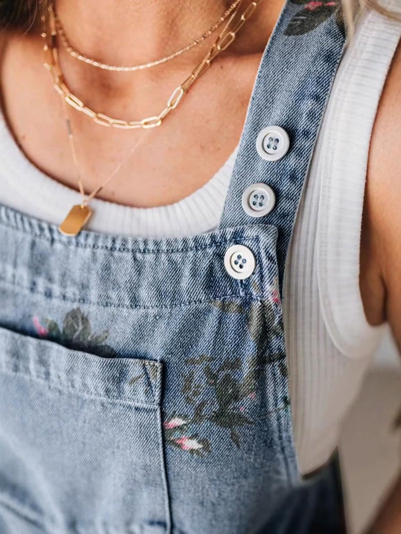 yoeasy Women Casual Denim Bib Shorts Overalls Sleeveless Adjustable Straps Wide Leg Boho Floral Printed Baggy Rompers (Small, Blue) - Image 5
