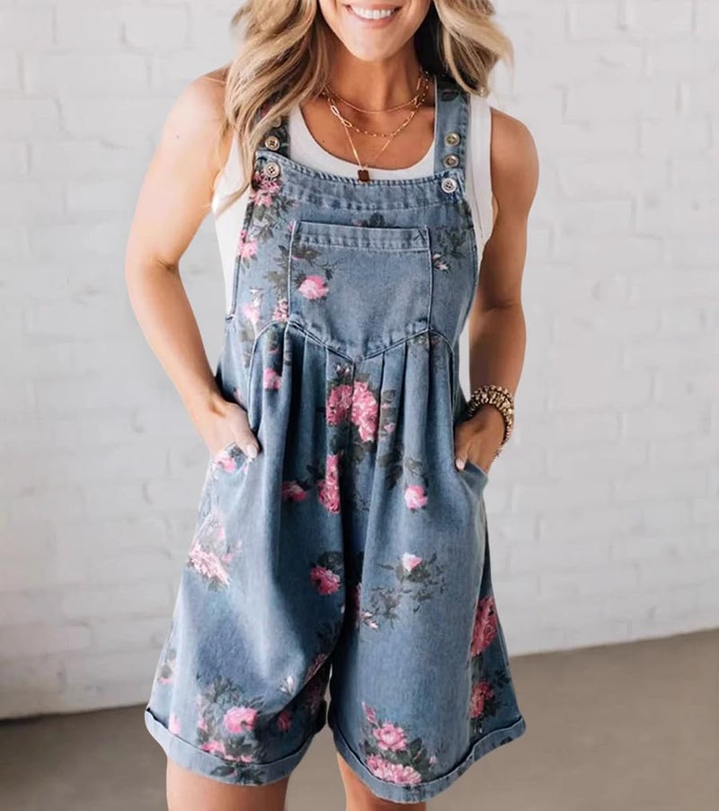 yoeasy Women Casual Denim Bib Shorts Overalls Sleeveless Adjustable Straps Wide Leg Boho Floral Printed Baggy Rompers (Small, Blue) - Image 2