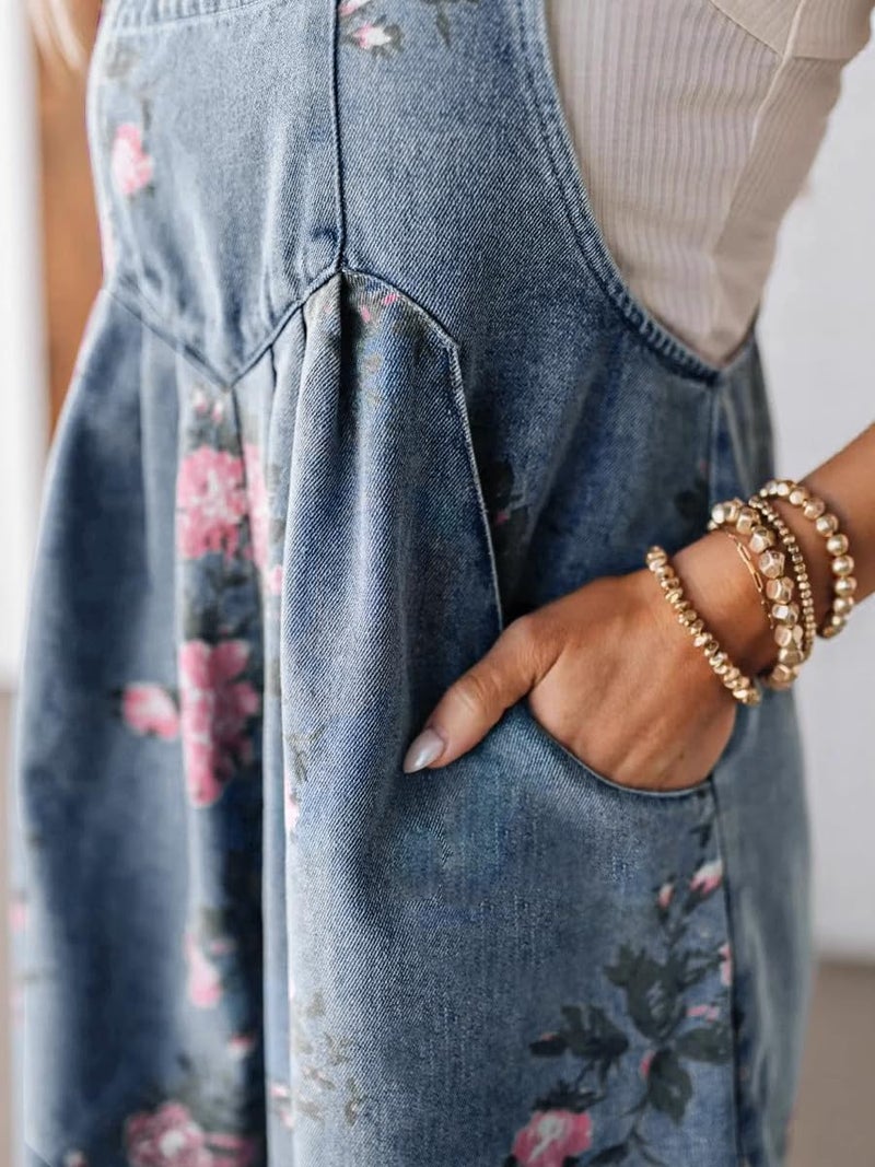 yoeasy Women Casual Denim Bib Shorts Overalls Sleeveless Adjustable Straps Wide Leg Boho Floral Printed Baggy Rompers (Small, Blue) - Image 4
