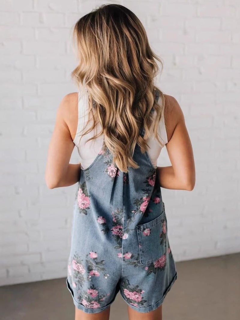 yoeasy Women Casual Denim Bib Shorts Overalls Sleeveless Adjustable Straps Wide Leg Boho Floral Printed Baggy Rompers (Small, Blue) - Image 3
