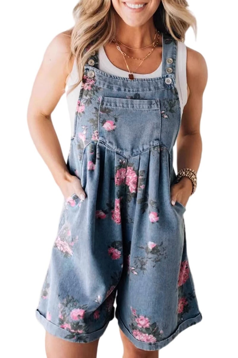 yoeasy Women Casual Denim Bib Shorts Overalls Sleeveless Adjustable Straps Wide Leg Boho Floral Printed Baggy Rompers (Small, Blue) - Image 1
