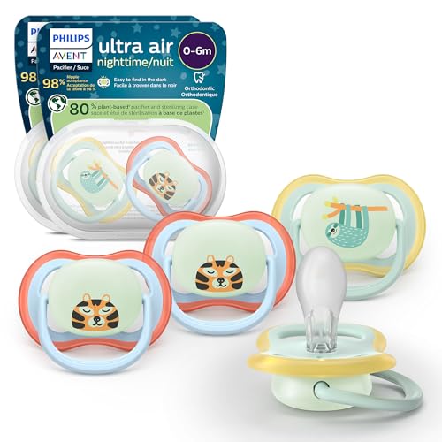 Avent Philips Avent Ultra Air Nighttime Pacifiers - Orthodontic Design, for Babies 0-6 Months, Glow in The Dark, Soft Silicone Symmetrical Nipple, BPA-Free, 2 Sterilizing Cases, 4 Pack, SCF376/35 - Image 1