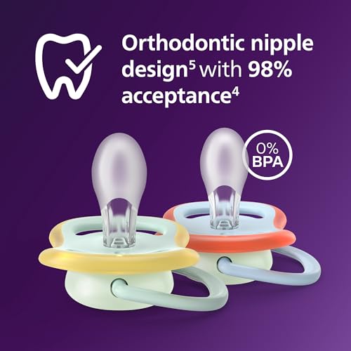 Avent Philips Avent Ultra Air Nighttime Pacifiers - Orthodontic Design, for Babies 0-6 Months, Glow in The Dark, Soft Silicone Symmetrical Nipple, BPA-Free, 2 Sterilizing Cases, 4 Pack, SCF376/35 - Image 3