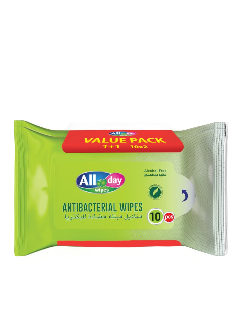 All day wipes All Day Anti-Bacterial Wet Wipes-10 Count: Kills 99.9% of Germs. Keep your environment clean and germ-free. Designed for everyday use. Multi-purpose wipes. Bleach-free. (Pack of 2) - Image 1