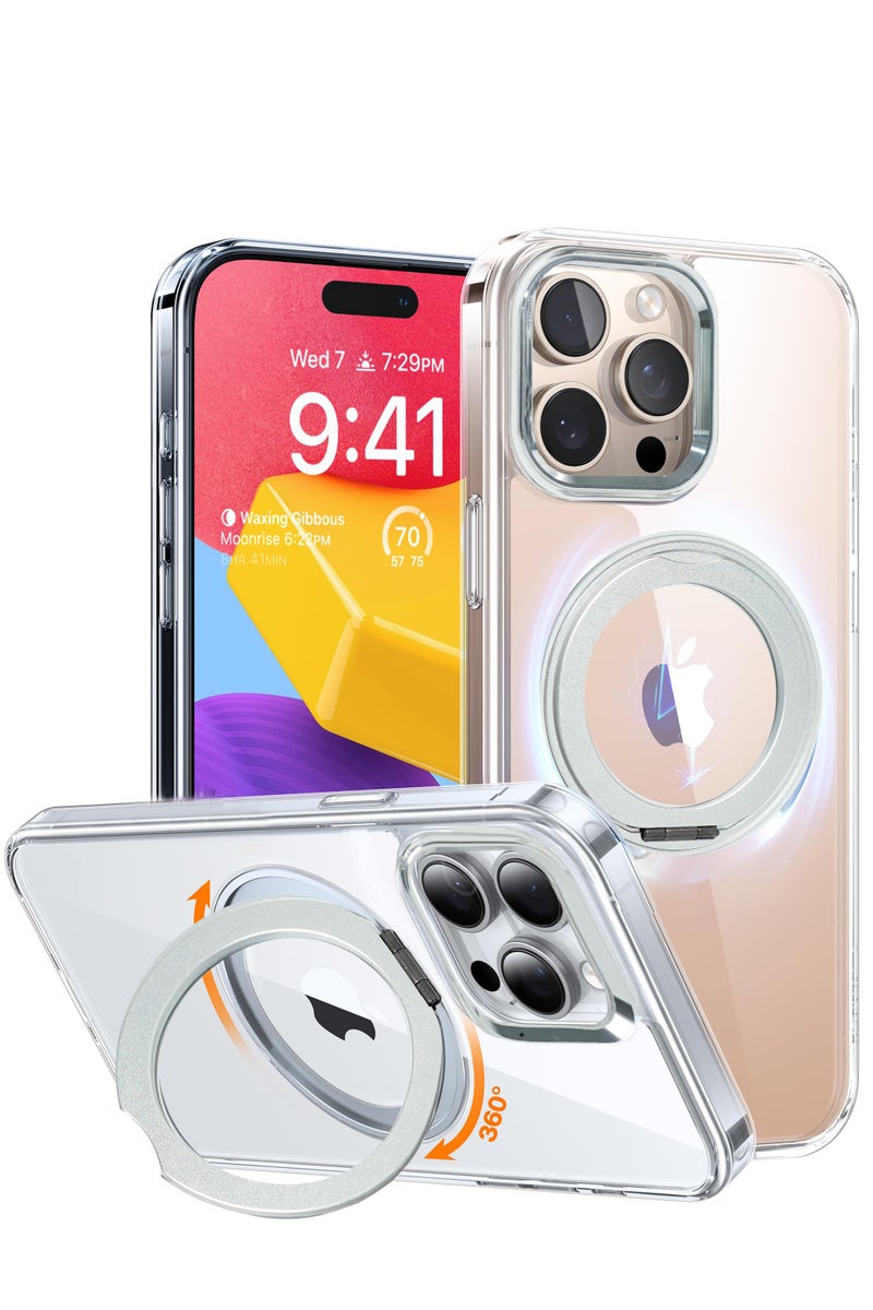 Aztech حامل مغناطيسي دوار 360° مطور لحافظة iPhone 13 Pro، [مع حامل مدمج وحامل حلقة][متوافق مع MagSafe][مقاوم للصدمات بمعيار عسكري] فضي شفاف، واضح