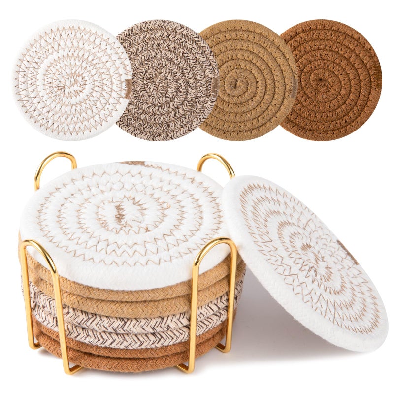 OIAHOMY 8 Pcs Coasters with Holder Coasters for Drinks Woven Cotton Absorbent Coaster Set for Kinds of Cups Housewarming Gifts for Home Decor Yellow