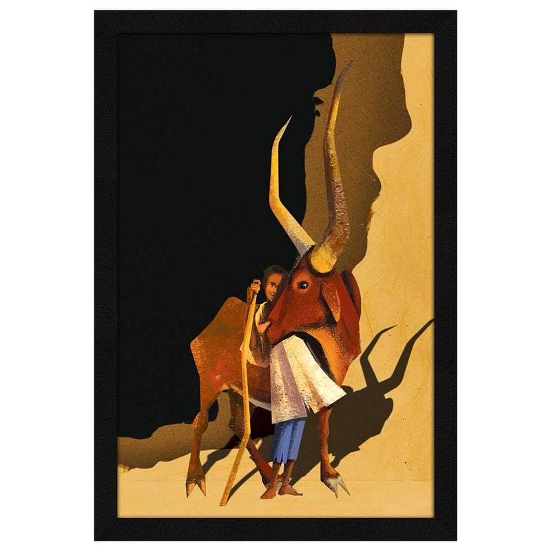 ArtX Paper Indian Village Boy With Bull Framed Wall Art Painting Multicolor Animal 125 X 185 inches Set of 1