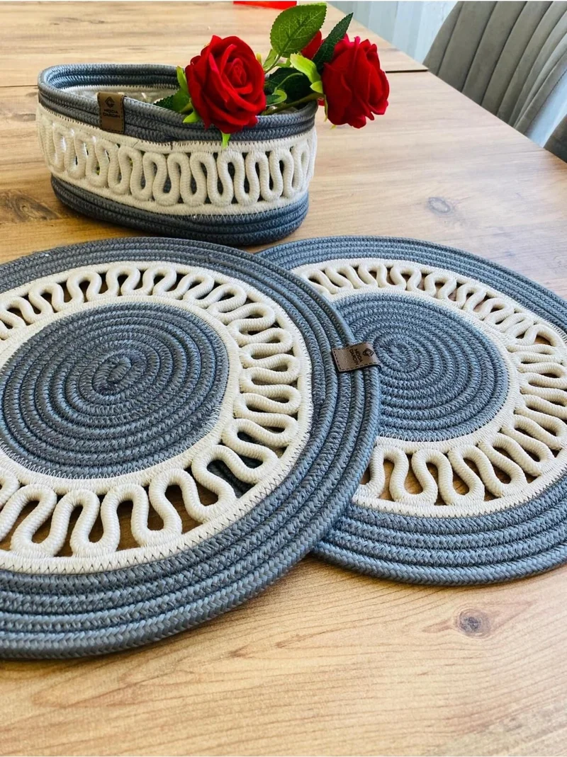 BDZ Deri BDZ Leather Jute Wicker American Service Plate and Basket 3 Pieces