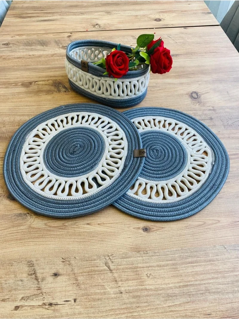 BDZ Deri BDZ Leather Jute Wicker American Service Plate and Basket 3 Pieces