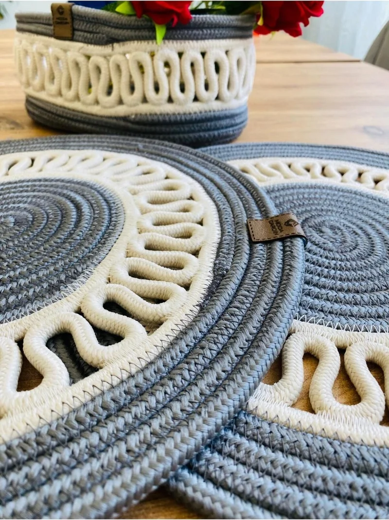 BDZ Deri BDZ Leather Jute Wicker American Service Plate and Basket 3 Pieces