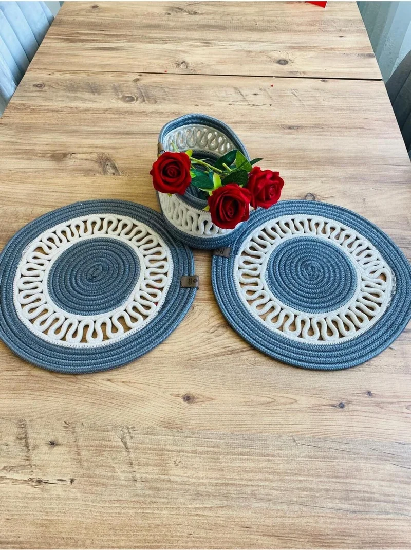 BDZ Deri BDZ Leather Jute Wicker American Service Plate and Basket 3 Pieces