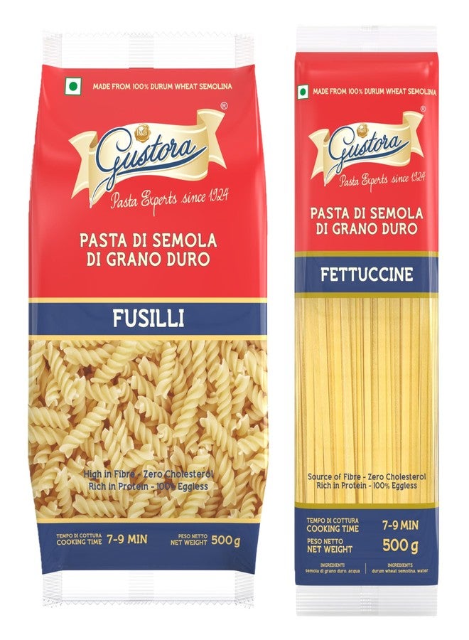GUSTORA Combo Pack of Fusilli Pasta and Fettuccine Pasta 1 KG I Made of 100% Durum Wheat Semolina I Rich in Protein & Fibre I Zero cholesterol I Vegetarian I Cooking Time 10 Min (500g X 2) - Image 1