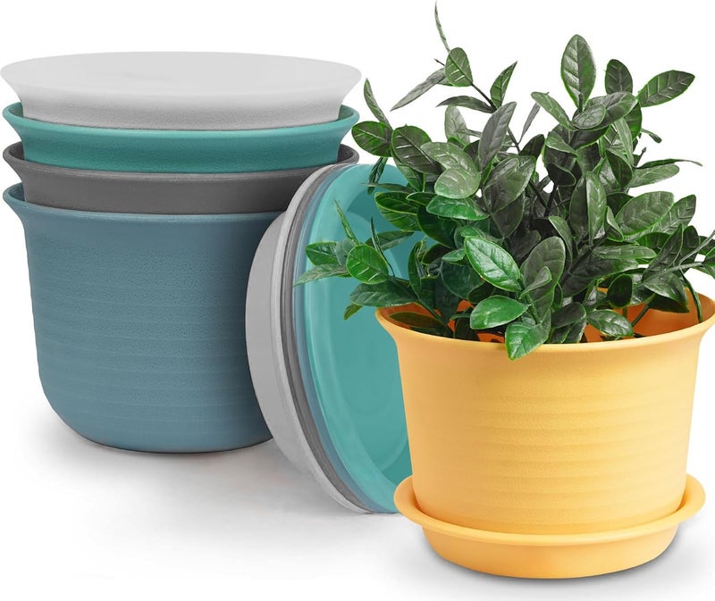 INKULTURE Plastic Round Flower Pots with Tray for Home Planters, Terrace, Garden Etc | Pack of 05 | Multicolor | Size 8 Inch | for Home Indoor & Outdoor Gardening Plants - Image 1