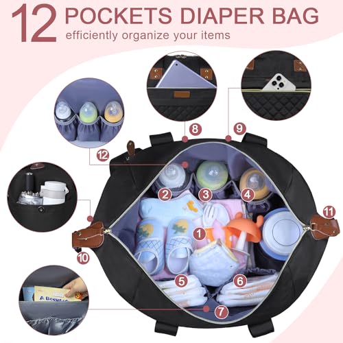 Pritent Diaper Bag Tote, Diaper Baby Bags with Pacifier Case, Shoulder Straps, Stroller Clips, Waterproof Large Mommy Maternity Travel Baby Tote for Mom and Dad, black - Image 3
