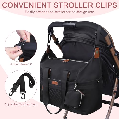 Pritent Diaper Bag Tote, Diaper Baby Bags with Pacifier Case, Shoulder Straps, Stroller Clips, Waterproof Large Mommy Maternity Travel Baby Tote for Mom and Dad, black - Image 5