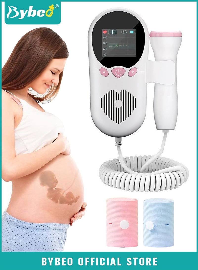 Bybeo Baby Fetal Doppler, Fetal Heart Rate Monitor, Ultrasound Heart Rate Detector, Probe Prenatal Baby Fetal Heartrate Monitor, Home Doppler Meter with LCD Display with 2 PCS Monitor Belt - Image 1
