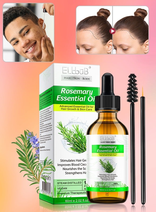 ELBBUB 60ml Rosemary Essential Oil  for Hair Growth Pure Organic Rosemary Oil for Dry Damaged Hair and Growth Hair Scalp Oil  Pure and Natural Premium Quality Oil Hair Loss Treatment Oil for Men and Women - Image 1