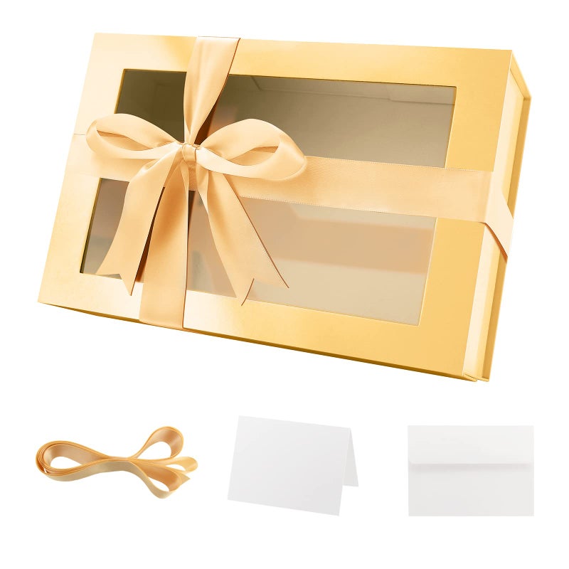 PACKQUEEN Large Gold Mothers Day Gift Box with Window 135x9x41 Inches Clear Gift Box for Present Contains Ribbon Card Bridesmaid Proposal Box with Magnetic Lid Glossy Gold