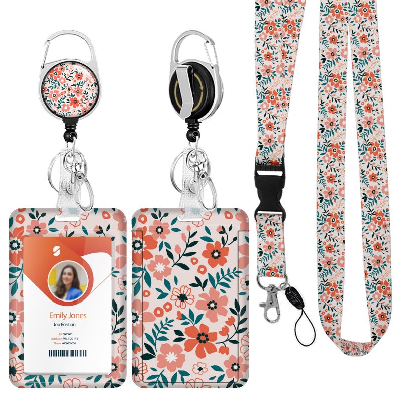 Boutilon ID Badge Holder with Lanyard,Retractable ID Badge Card Holders Detachable Neck Lanyard Strap with Badge Reel and Vertical ID Holder for Nurse Students Teachers Office Staff(Flower Pink) - Image 1