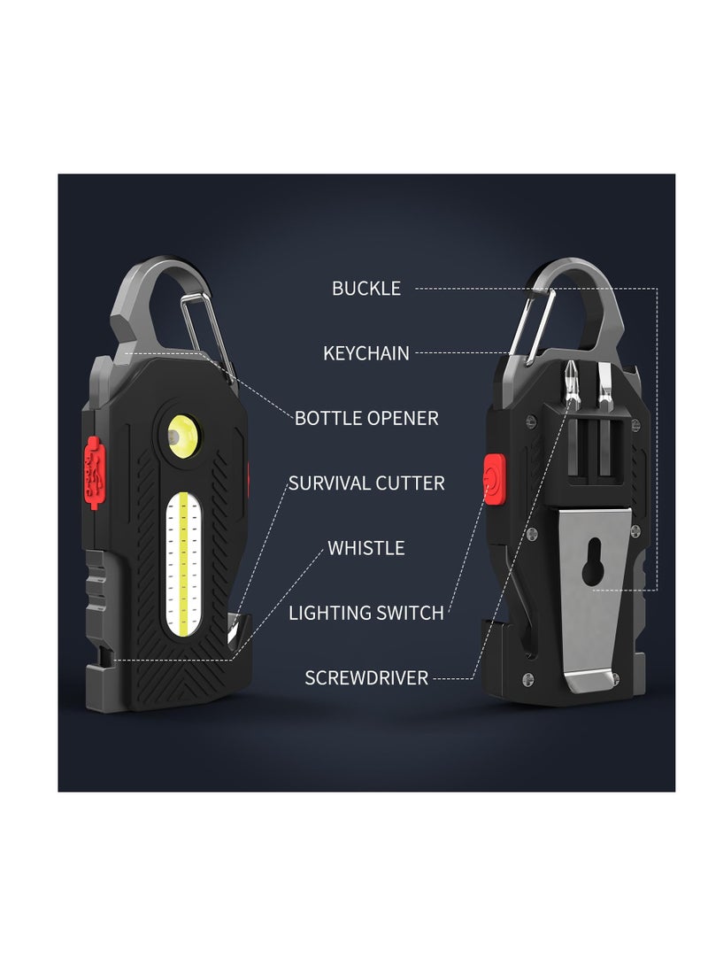 Keychain Flashlight, Rechargeable Flashlights, 7-in-1 Mini COB Keychain Work Light, 6 Lighting Modes with Bottle Opener Screwdriver Survival Whistle for Camping Fishing Hiking Emergency - Image 3