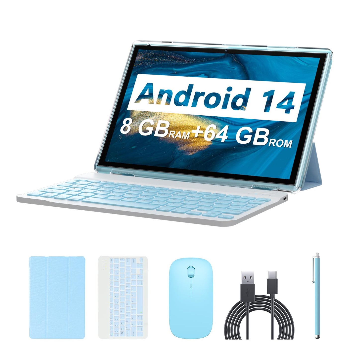 Android 14 Tablet 101 inch 8GB RAM64GB ROM1TBMax 2 in 1 Tablets with Keyboard Case Mouse Stylus 18GHz Quadcore Processor 1280800 IPS HD Touch Screen 8MP Camera 5G WiFi 6 BT 50 Tablet