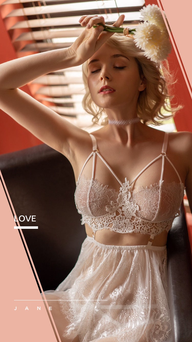 جديد RomAntic الفرنسية PAjAmAs مثير الدانتيل التطريز الرائع تعليق اللباس المنزل WeAr مثير الملابس الداخلية A-19 - Image 1