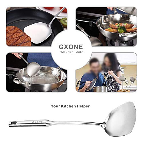 GXONE Wok Spatula Stainless Steel, Wide Metal Spatula with Hollow Long Handle Wok Utensils,Silver/14.7Inch - Image 4