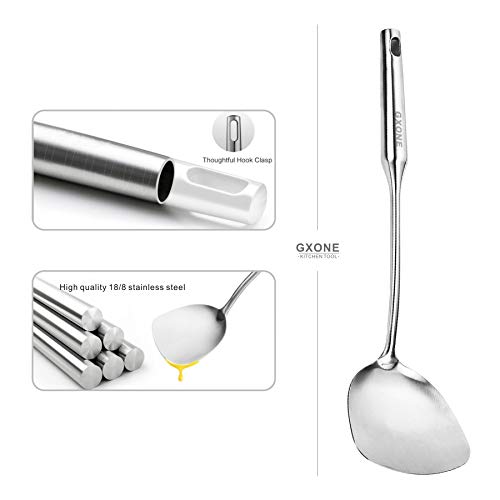 GXONE Wok Spatula Stainless Steel, Wide Metal Spatula with Hollow Long Handle Wok Utensils,Silver/14.7Inch - Image 3