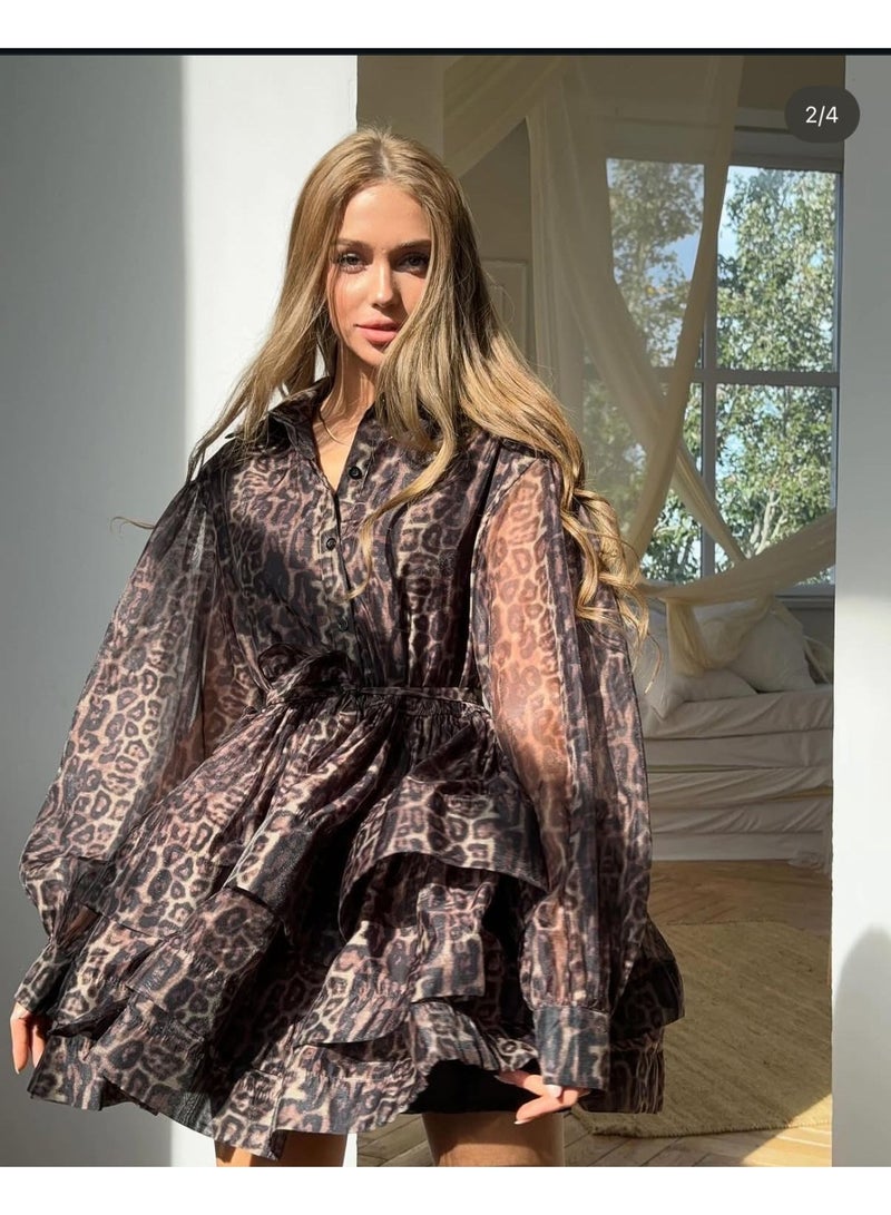 ZAGHOU Elegant Leopard Print Ruffled Shirt Dress with Belt - Image 1