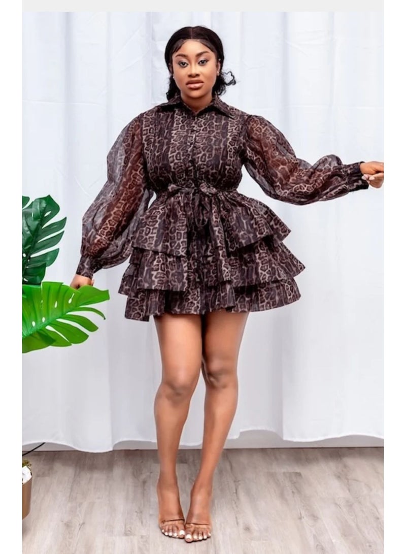 ZAGHOU Elegant Leopard Print Ruffled Shirt Dress with Belt - Image 2