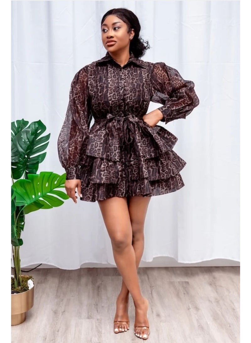 ZAGHOU Elegant Leopard Print Ruffled Shirt Dress with Belt - Image 3