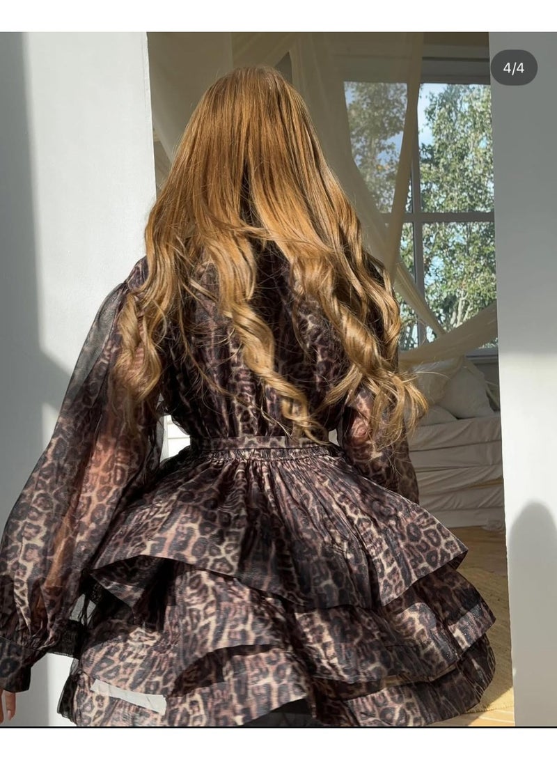 ZAGHOU Elegant Leopard Print Ruffled Shirt Dress with Belt - Image 5