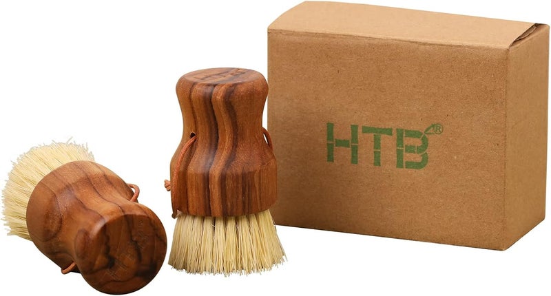 HTB Teak Dish Scrub Brush 2PCS by , Good Grip Small Wooden Dish Brush with Teak Handle & Sisal Bristles for Kitchen, Wood Cleaning Scrubbers Set for Washing Pan/Pot/Vegetable/Fruit - Image 1