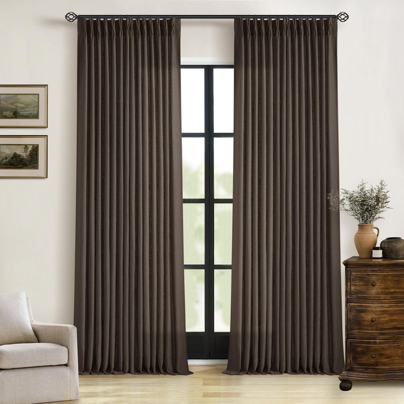 TWODRAPES Dark Chocolate Pinch Pleated Linen Curtains 96 Inches Long 2 Panels for Living Room Bedroom Memory Training Brown Semi Sheer Pleat Drapes with Hooks Rings Light Filtering Window Curtain 40x96 - Image 1