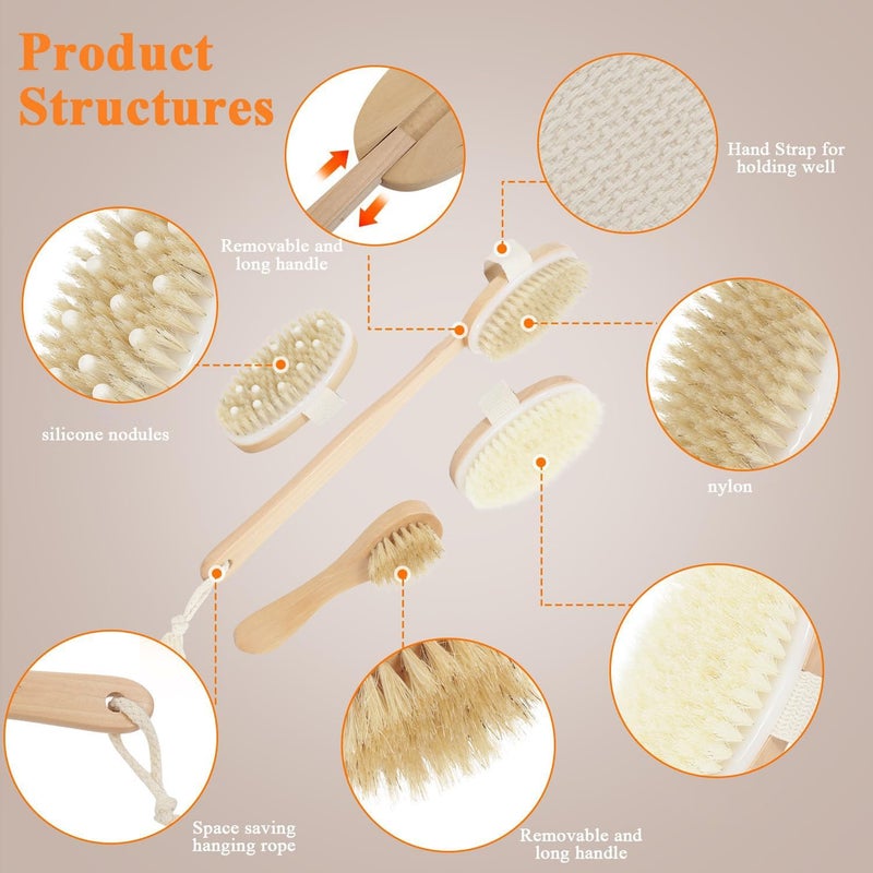 4PCS Dry Brushing Body Brush Set with Long Handle and Face Brush for Exfoliation - Image 4