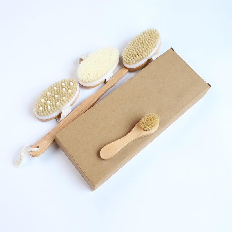 4PCS Dry Brushing Body Brush Set with Long Handle and Face Brush for Exfoliation - Image 5