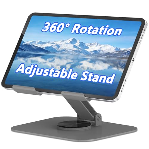 TAPMEI 360° Rotation Tablet Stand, Ultra Stability Base Fully Folded Easy to Store and Carry Adjustable iPad Stand Compatible with 4-13" Tablet E-Reader iPad Pro/Air/Mini and More (Grey) - Image 1