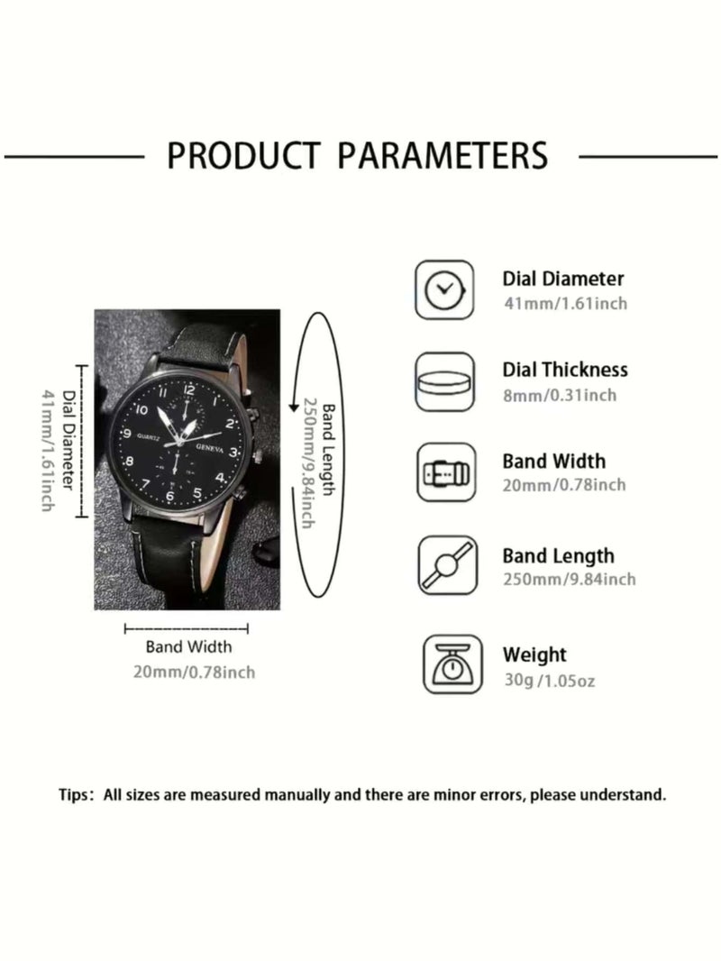 جنيفا ساعة يد رجالية أنيقة بسوار جلدي باللون الأسود مع 4 أساور متناسقة – تصميم عصري كلاسيكي مناسب لجميع المناسبات - Image 5